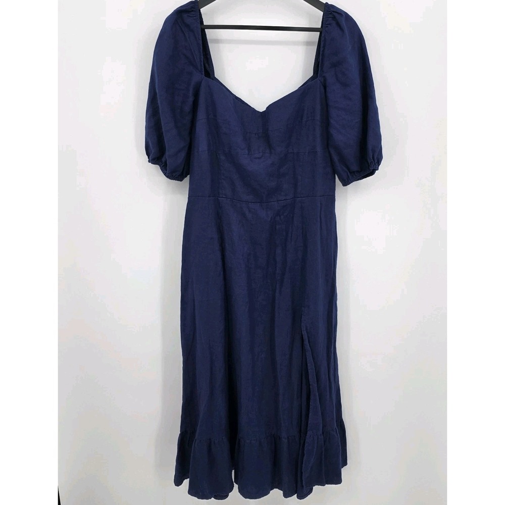 REFORMATION Belgium Linen Midi Dress Navy Blue Side Slit Puff Sleeve Sz 12 - Picture 2 of 16